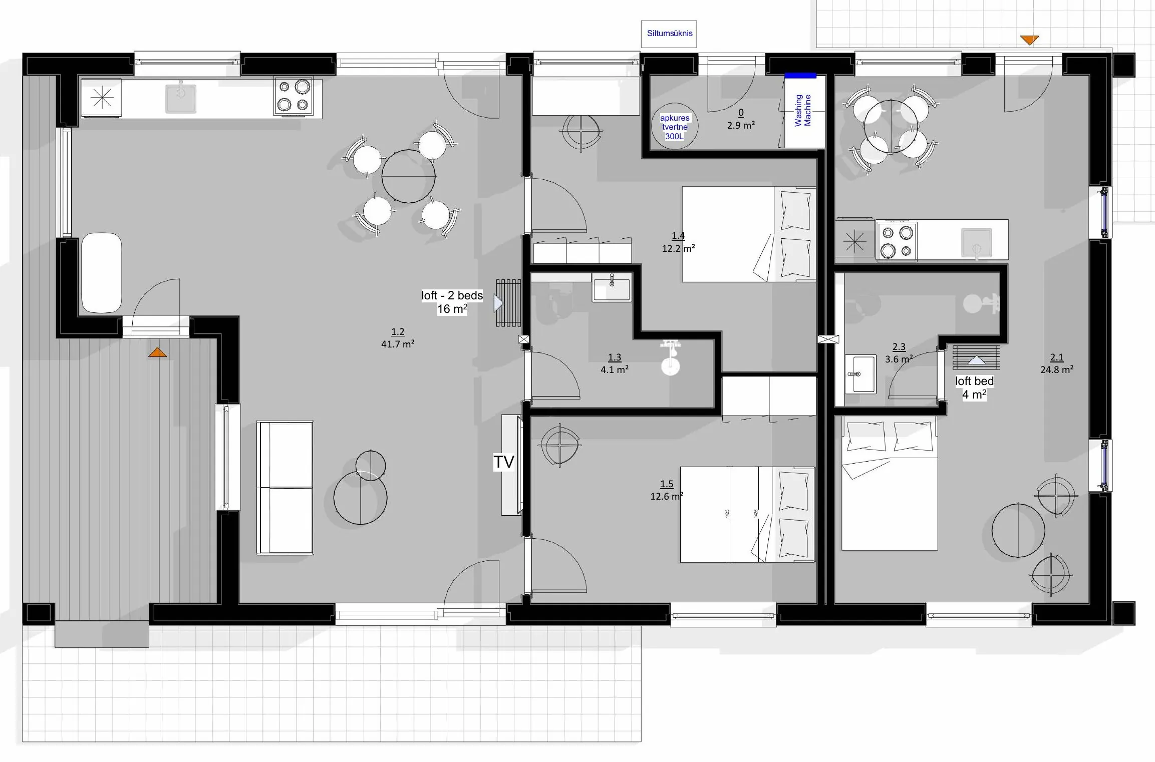 The floor plan of Kaia House: the big wing, the small wing and the terrace